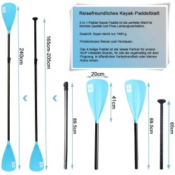 REMOS AJUSTABLES DE 4 PIEZAS PARA TABLA DE PADDLE SURF Y KAYAK, AZUL, 165 CM - 240 CM