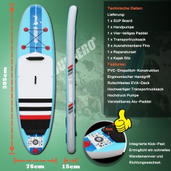 SUP Aufblasbares Stand Up Paddle Board Set 3 Finnen, bis 110kg 305x76x15cm, Blau