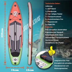 Stand up Paddle Board Aufblasbare SUP Board Set, 330x76x15cm, bis 150kg, Rot